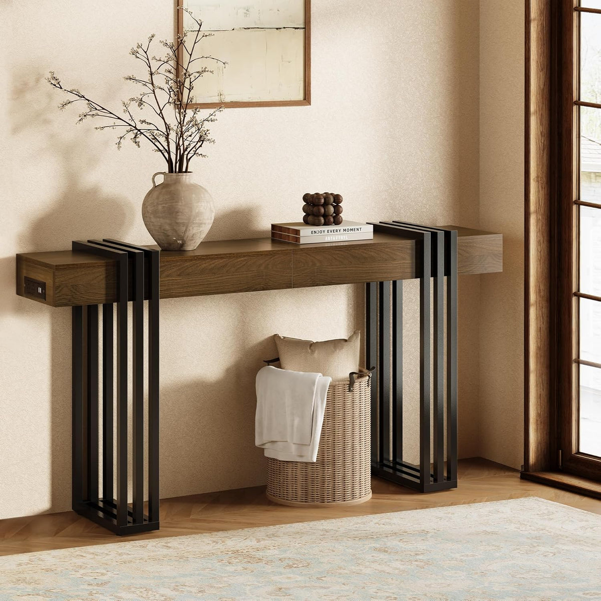 63" Long Console Table for Entryway - Behind Couch Table for Living Room, Wood Sofa Tables with Black Parallel Metal Frame & Power Outlet for Hallway, Entrance, Narrow Foyer, Walnut