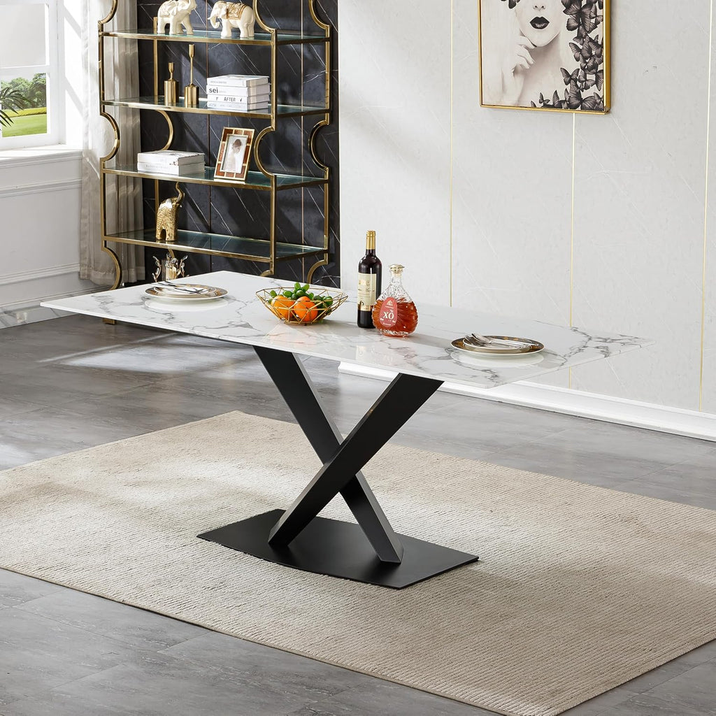 70in Faux Marble Dining Table for 6-8 Person, Modern White Kitchen Dining Room Table with Black X-Shape Carton Steel Pedestal Base, Large Rectangle Dinner Table for Kitchen Dining Room