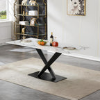 70in Faux Marble Dining Table for 6-8 Person, Modern White Kitchen Dining Room Table with Black X-Shape Carton Steel Pedestal Base, Large Rectangle Dinner Table for Kitchen Dining Room