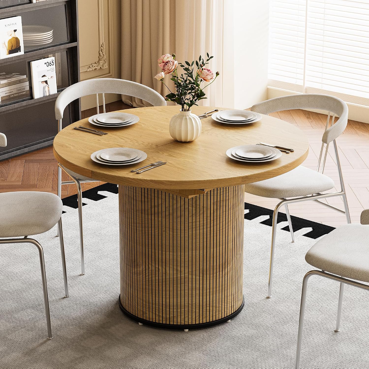 Extendable Dining Room Table Round Dining Table for 4 6 8, 43"-59" Modern Wood Kitchen Table with Removable Leaves Extendable Dinner Tables|Living Room|Small Space