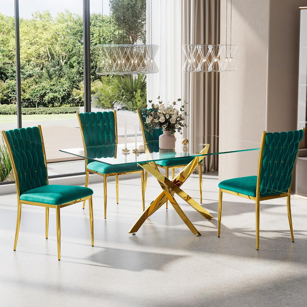 Velvet Dining Chairs Set of 6, Woven Upholstered Dining Chairs with Gold Metal Legs, Modern Accent Chairs for Living Room, Dining Room, Kitchen(Green)
