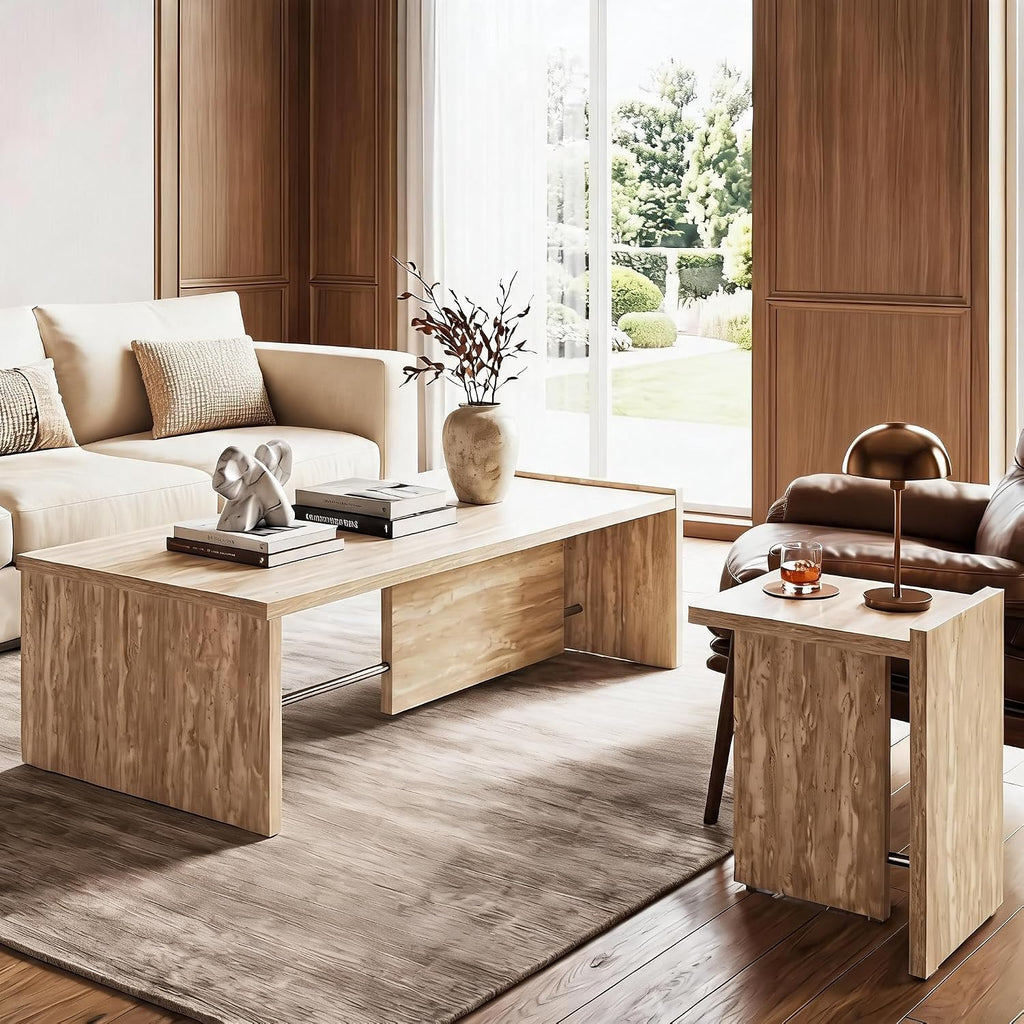 Modern Faux Travertine Coffee Table and End Tables Set of 2, Minimalist Living Room Tables Set with Chrome Support, Beige Stone Pattern Center Table and Side Table for Living Room, Bedroom