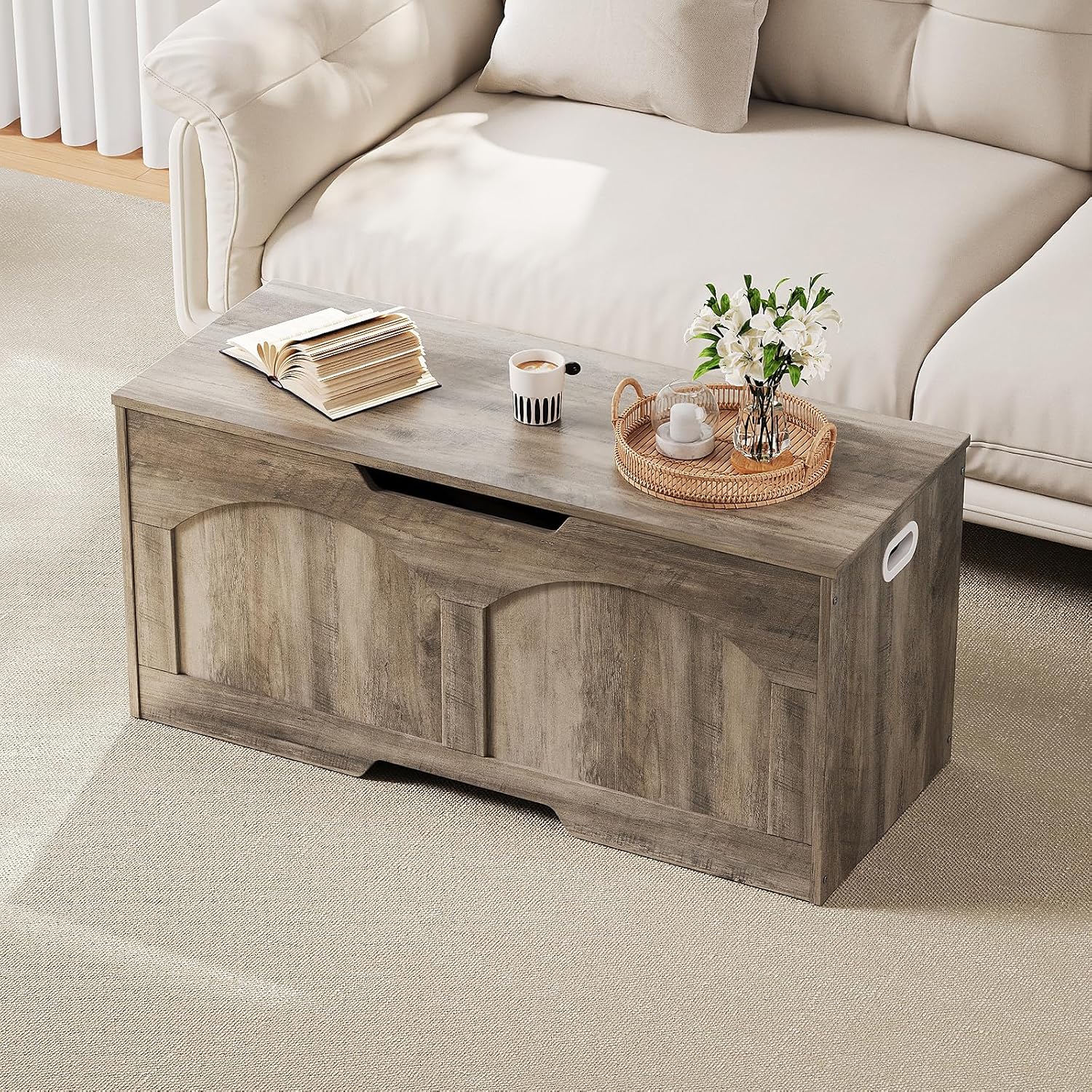 39.4" Storage Chest, Retro Storage Bench, Storage Trunk with 2 Safety Hinges, Large Entryway Bench Box, 39.4 x 15.7 x 18.3 Inches, U-Shaped Opening for Entryway Hallway Living Room, Light Greige