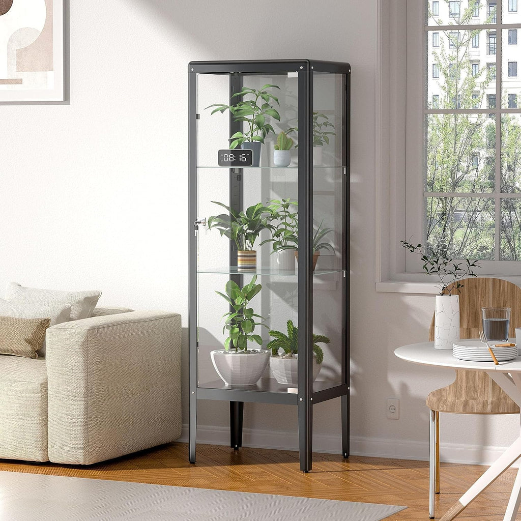 Ryoko Display Cabinet with Glass Door, Adjustable 3-Shelf Shelves, Curio Cabinet with LED Light, Glass Display Cabinet with Lock,Storage Cabinets, Dark Grey