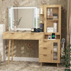 49" Wooden Vanity Desk with Mirror and Lights, Fluted Boho Makeup Vanity Table with Modern Glass Top, Charging Station, 5 Drawers, 2 Cabinet with Adjustable Shelves, Light Wood