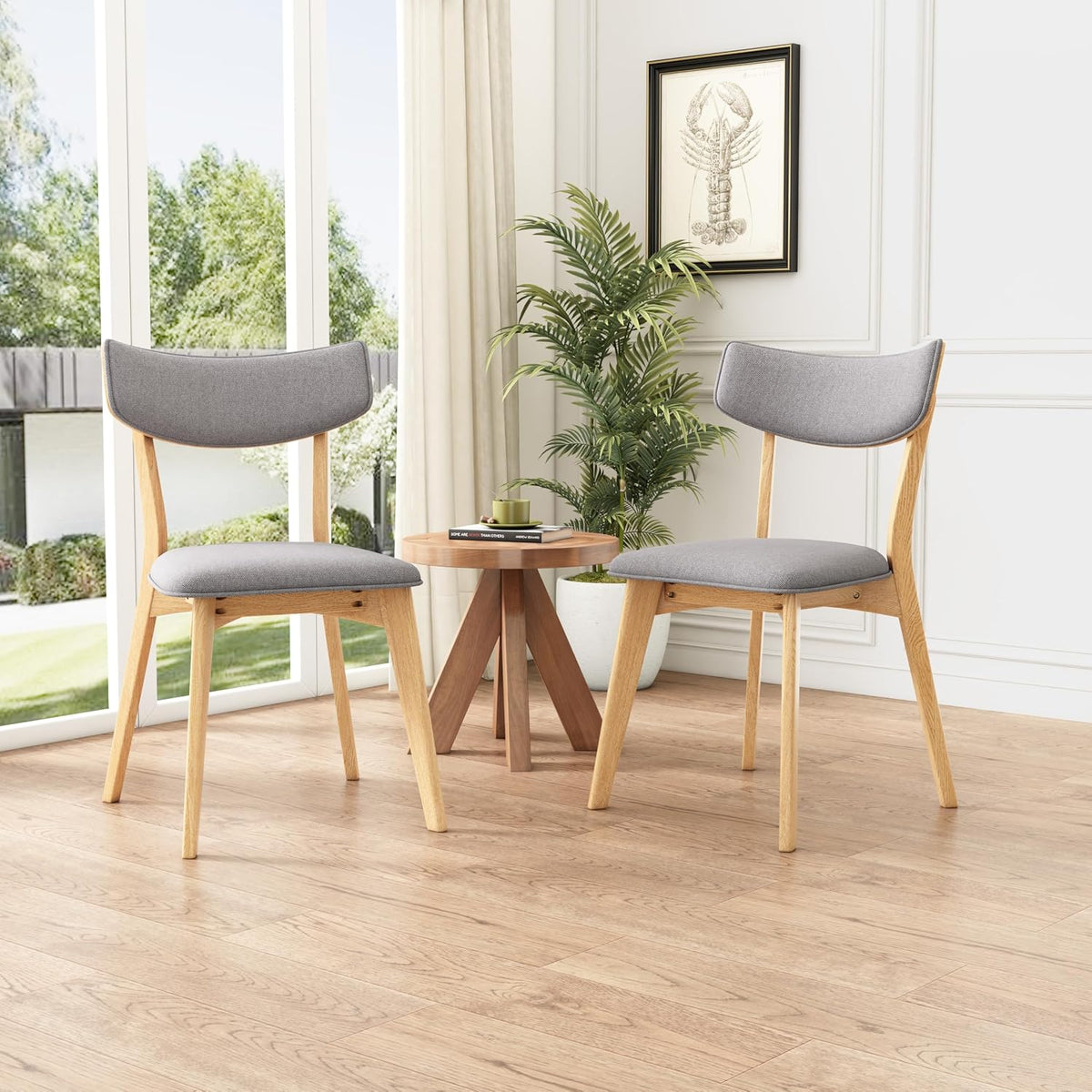 Dining Chairs Set of 2, Mid-Century Modern Upholstered Armless Chair w/Seat Cushion, Padded Backrest, Oak/Dark Grey