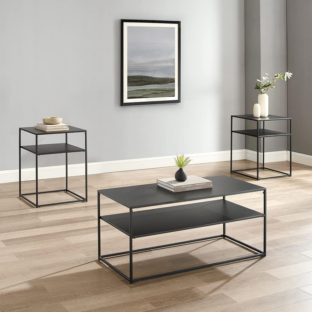 Crosley Furniture Braxton 3-Piece Living Room Table Set with Coffee and Side Tables, Matte Black