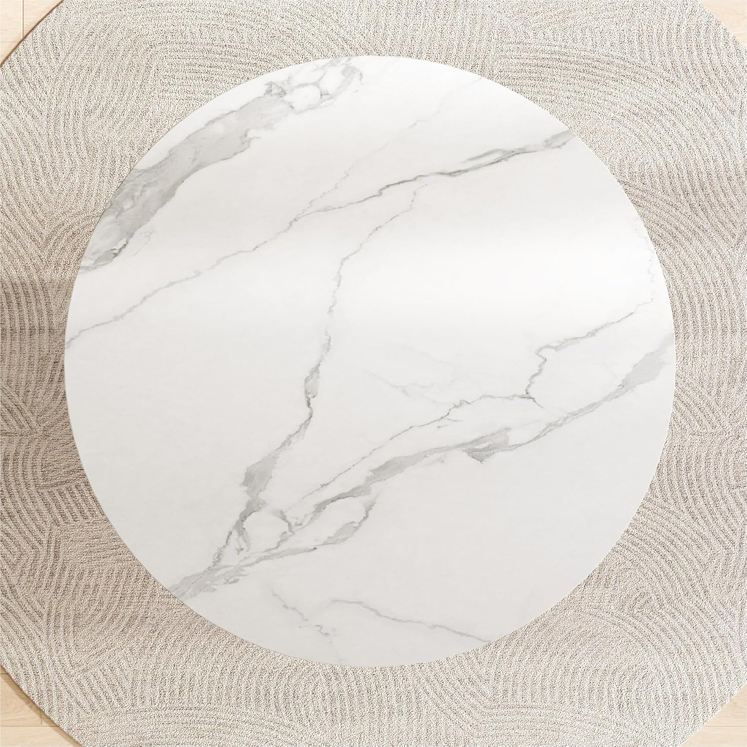White Dining Table 43.30" Round Kitchen Table with Imitation Marble Grain Top & PU Leather Iron Pedestal,Modern Faux Marble Dinner Furniture for Kitchen Dining Room/Meeting Room