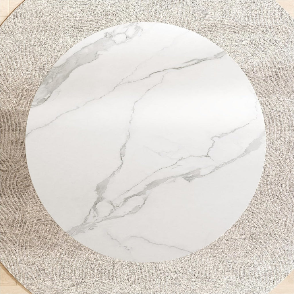 Round Dining Table with Marble Grain Top for 4-6 People,35.43 Inches Dining Room Table with Pleated PU Leather Pedestal Base, Circle Kitchen Tables for Dining Room, Kitchen, Living Room