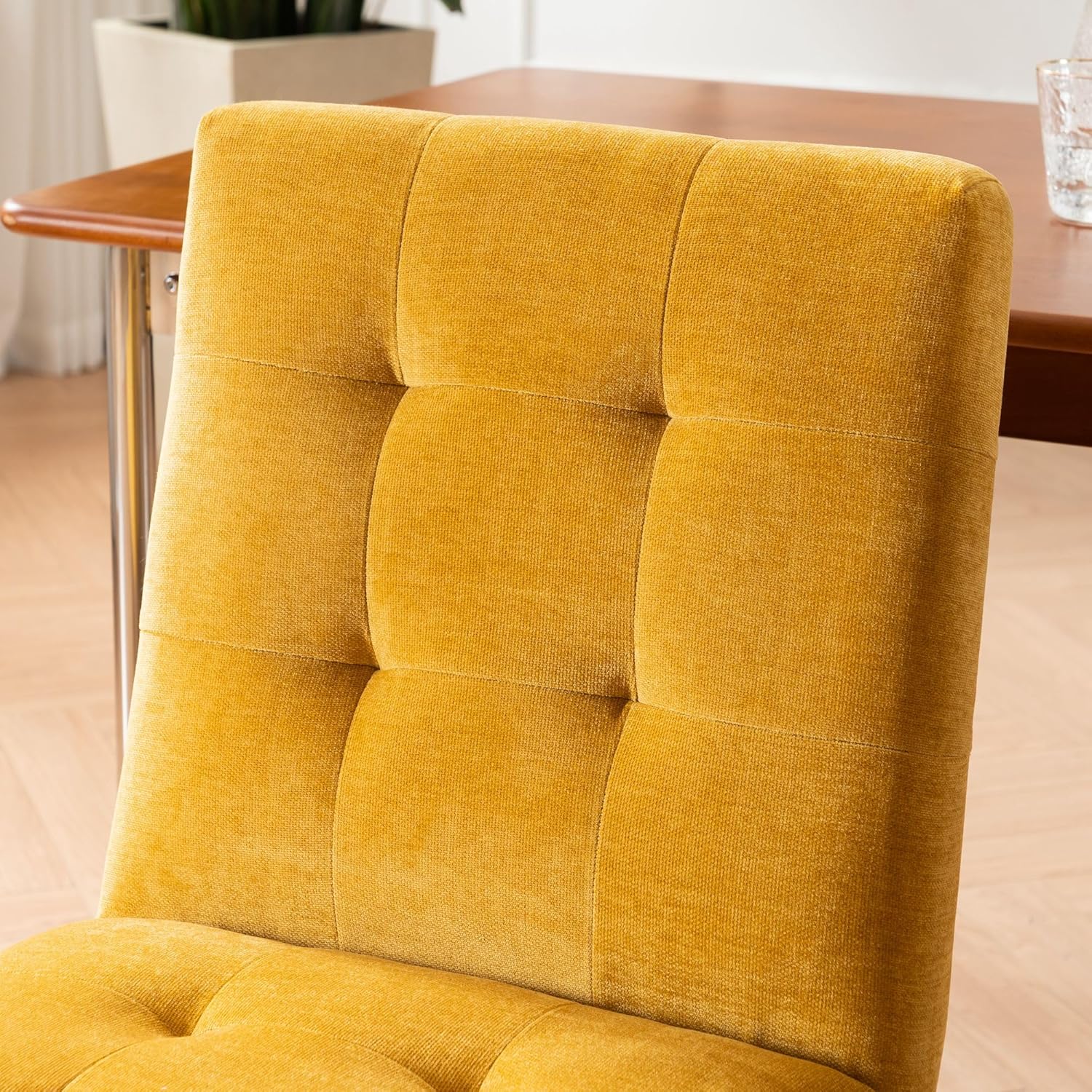 Rowill Modern Upholstered Dining Chairs Parsons Chair Linen Fabric Kitchen Chairs Tufted Armless Dining Room Chairs with Wood Legs Set of 2, Yellow