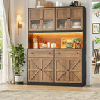FINETONES 71" Pantry Cabinet with LED Light and Charging Station | Farmhouse Kitchen Pantry Cabinet with Microwave Stand, 47.2" Wide Kitchen Hutch Food Pantry with Open Countertop, Black/Brown