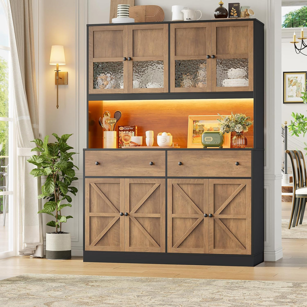 FINETONES 71" Pantry Cabinet with LED Light and Charging Station | Farmhouse Kitchen Pantry Cabinet with Microwave Stand, 47.2" Wide Kitchen Hutch Food Pantry with Open Countertop, Black/Brown
