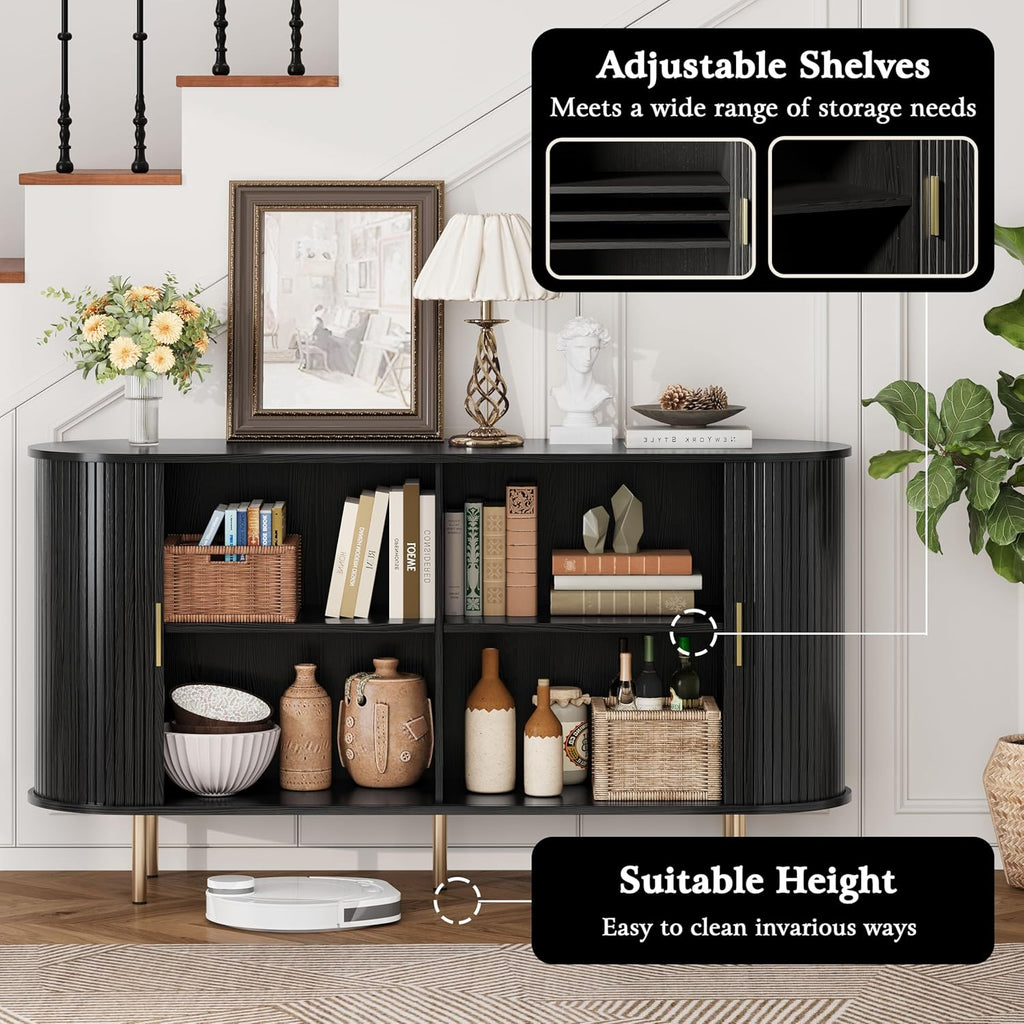 DHH Sideboard Buffet Cabinet with Storage,Mid Century Modern Fluted Accent Coffee Bar Console Table,Tambour Sliding Doors& Adjustable Shelf for Kitchen, Living Room, Entryway(Black, 55 Inch)