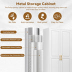 Polup 75" Pantry Cabinet, Tall Metal Storage Cabinet with Doors and Shelves | White Kitchen Cabinet, 5 Adjustable Shelving, Heavy-Duty Steel, Gold Handles, 4 Standing Feet, for Garage Office & Laundry