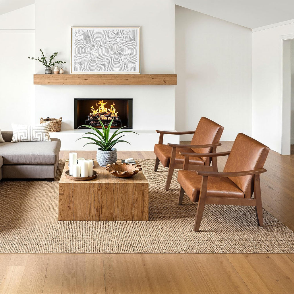 Yaheetech Accent Chairs Set of 2, Mid-Century Armchairs, Light Brown | Cushioned Club Chairs with Supportive Sloped Backrests and Sturdy Wood Arms Fit Small Living Rooms, Offices, Reading Nook