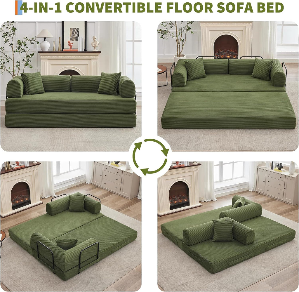 GarveeHome 79" Convertible Sleeper Sofa Bed Couch, 4-in-1 Corduroy Folding Sofa Bed with Pillow & Fixed-Shape, Floor Mattress Couch Loveseat for Living Room Apartments - No Assembly, Green