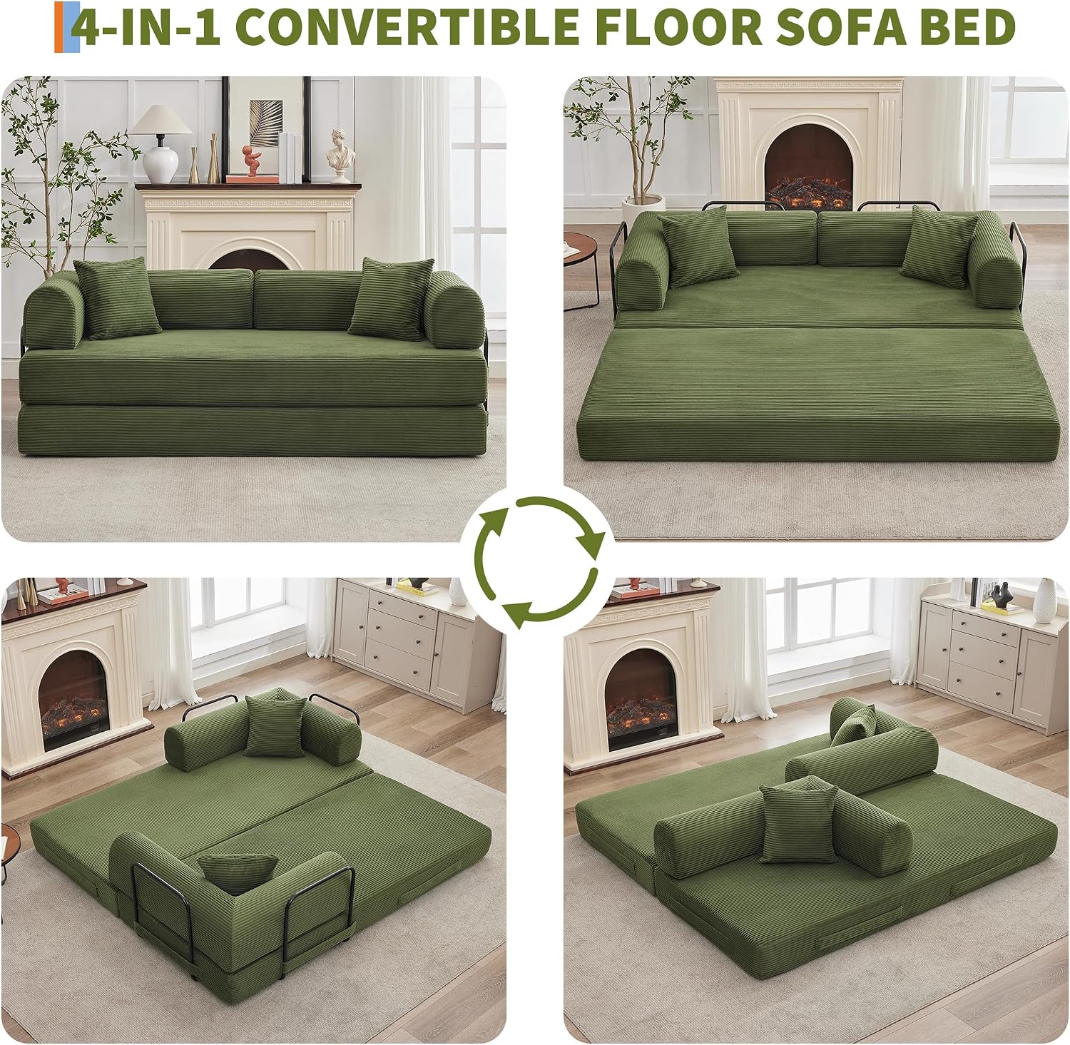 GarveeHome 79" Convertible Sleeper Sofa Bed Couch, 4-in-1 Corduroy Folding Sofa Bed with Pillow & Fixed-Shape, Floor Mattress Couch Loveseat for Living Room Apartments - No Assembly, Green