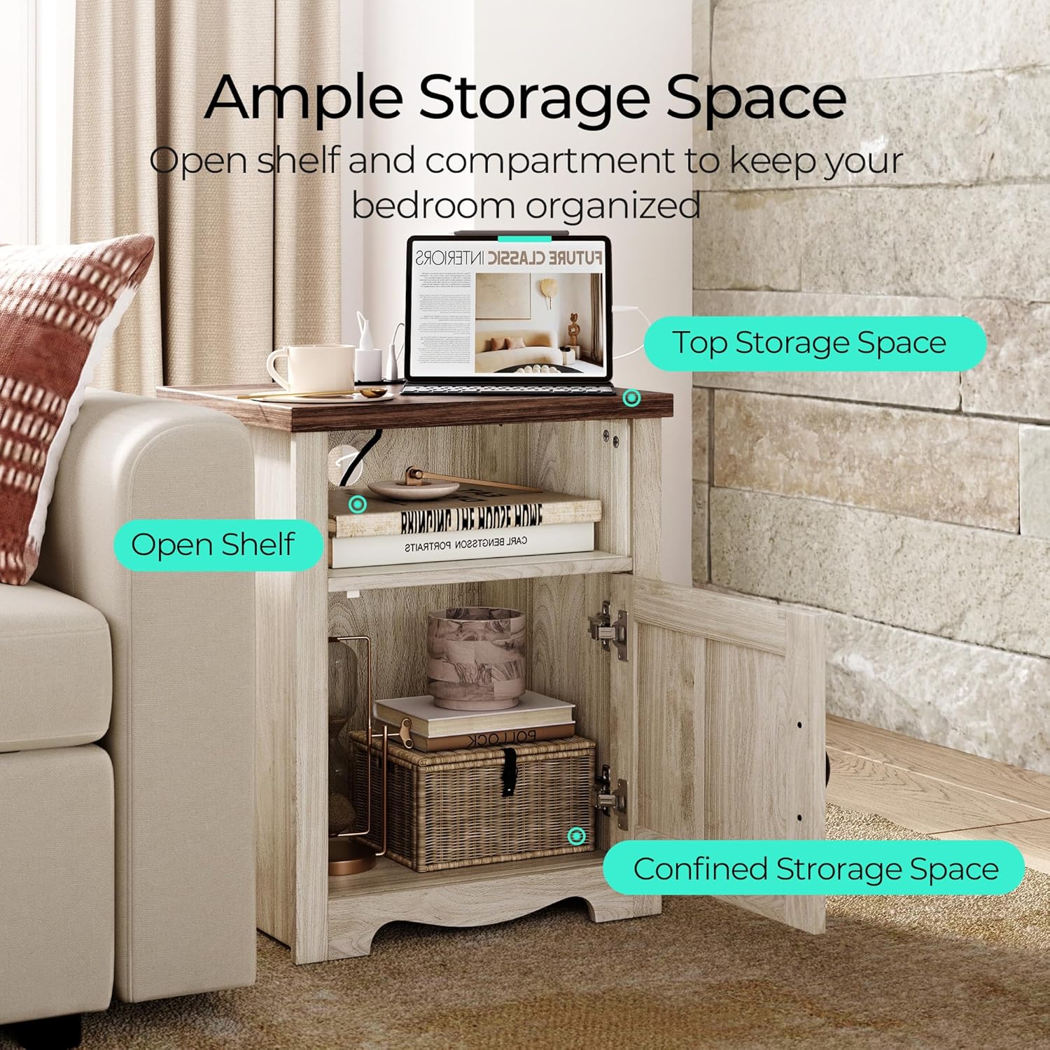 LINSY Farmhouse Night Stand Set of 2, 18.9” Wood End Table with Charging Station, Side Table for Bedroom, Living Room, Couch with USB Ports and Outlets, Nightstand with Storage, Beige