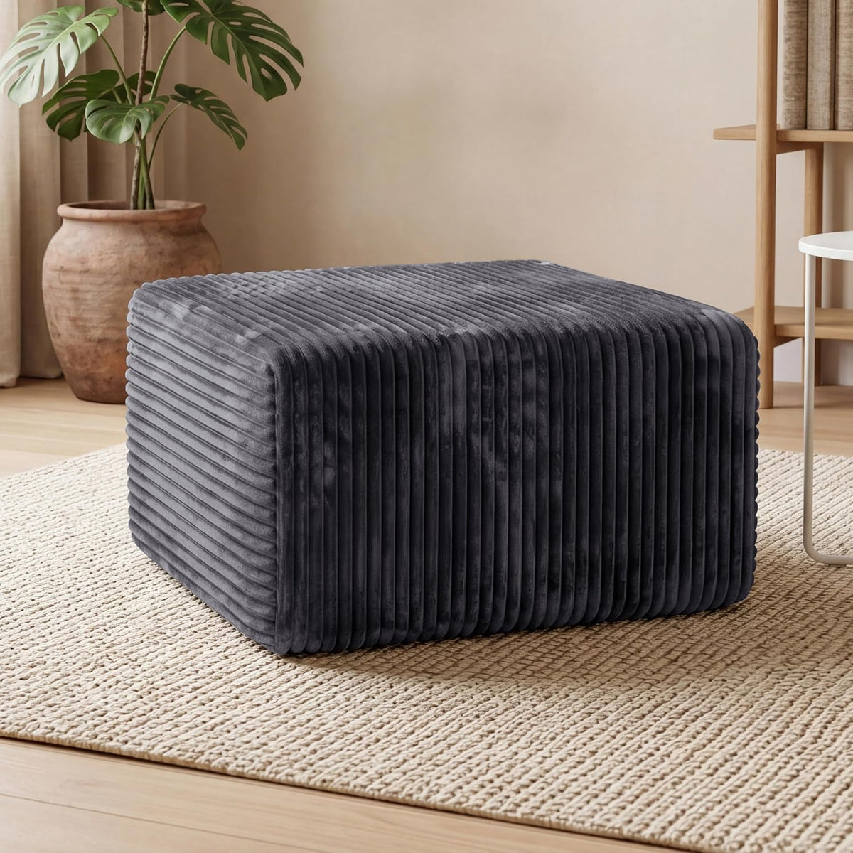 33.5'' Plush Fluffy Corduroy Ottoman for Floor Couch in a Box, Modern Compressed Sofa, Small Comfy Square Couch for Living Room, Bedroom, Grey, (Ottoman)
