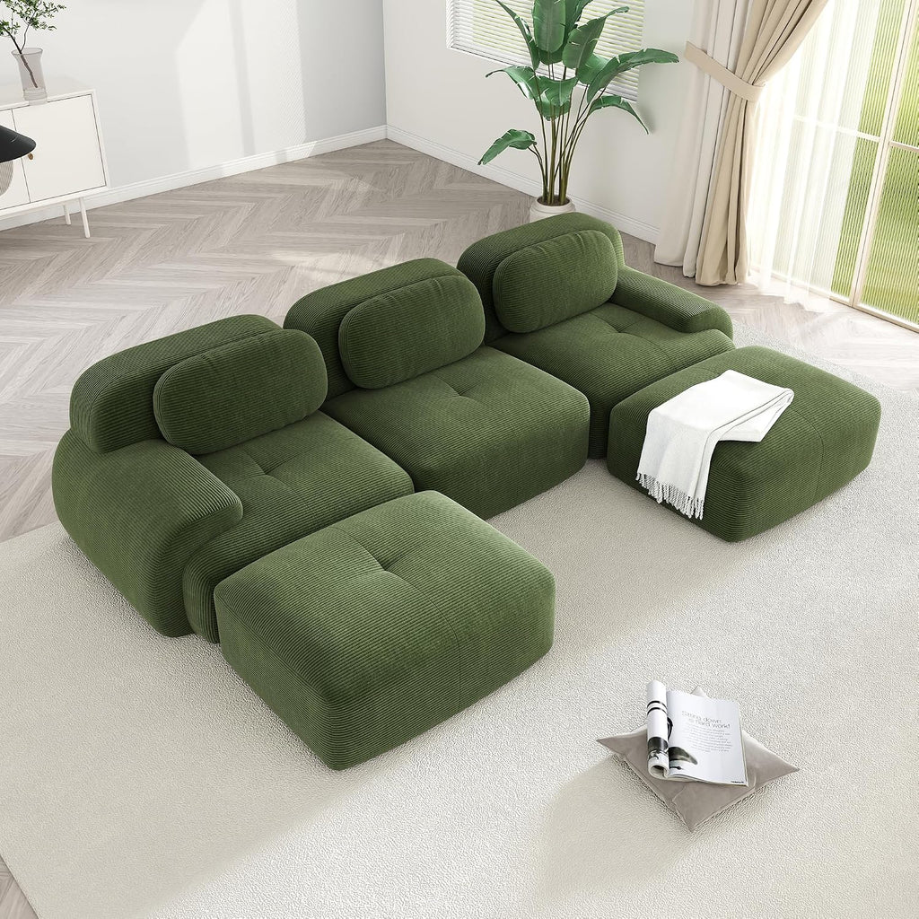 Modular Sectional Sofa Couch, U Shaped Sectional Couches for Living Room, Oversized Cloud Couch with Deep Seat and Ottoman, Comfy Corduroy Upholstery Green Couches, No Assembly(3S+2O)