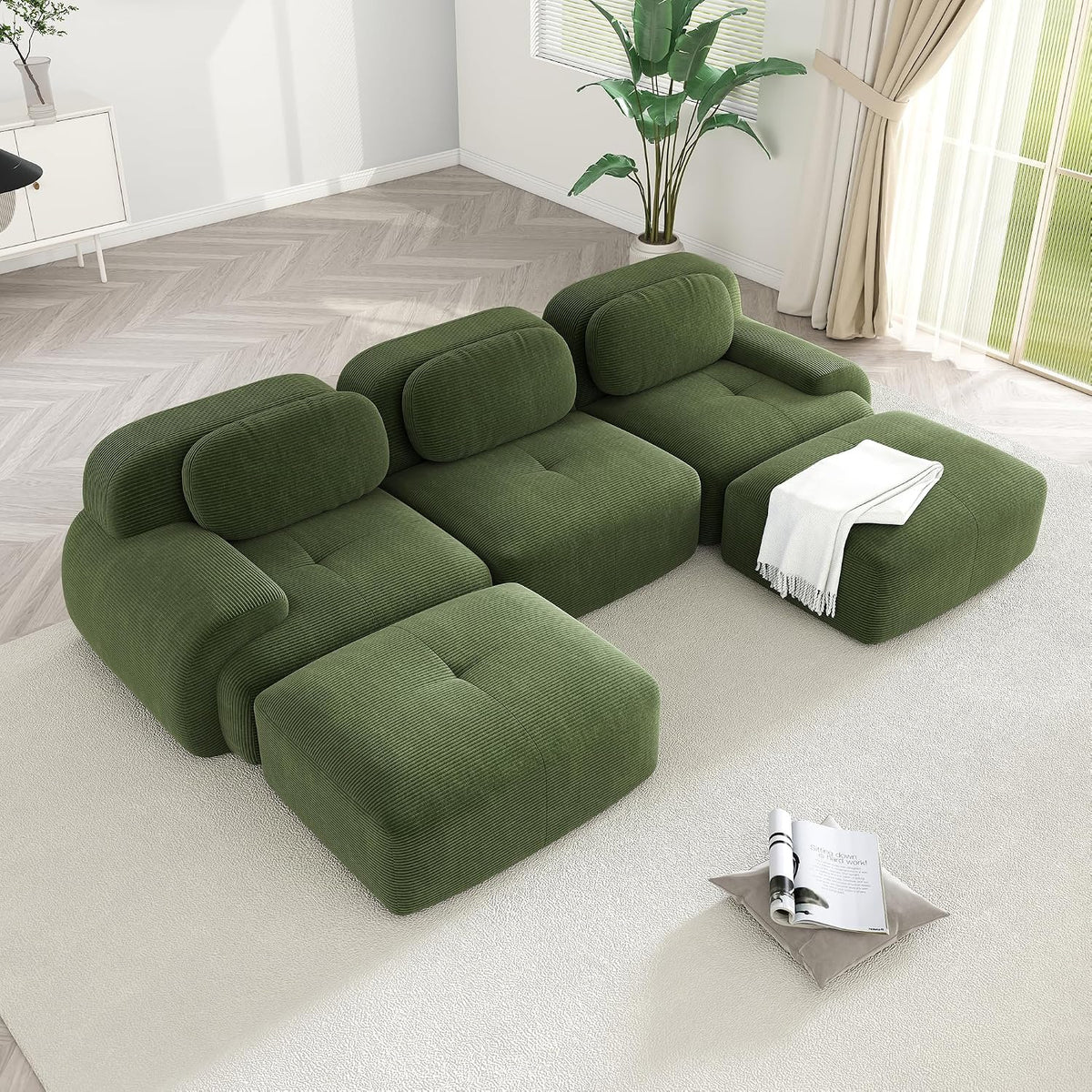 Modular Sectional Sofa Couch, U Shaped Sectional Couches for Living Room, Oversized Cloud Couch with Deep Seat and Ottoman, Comfy Corduroy Upholstery Green Couches, No Assembly(3S+2O)