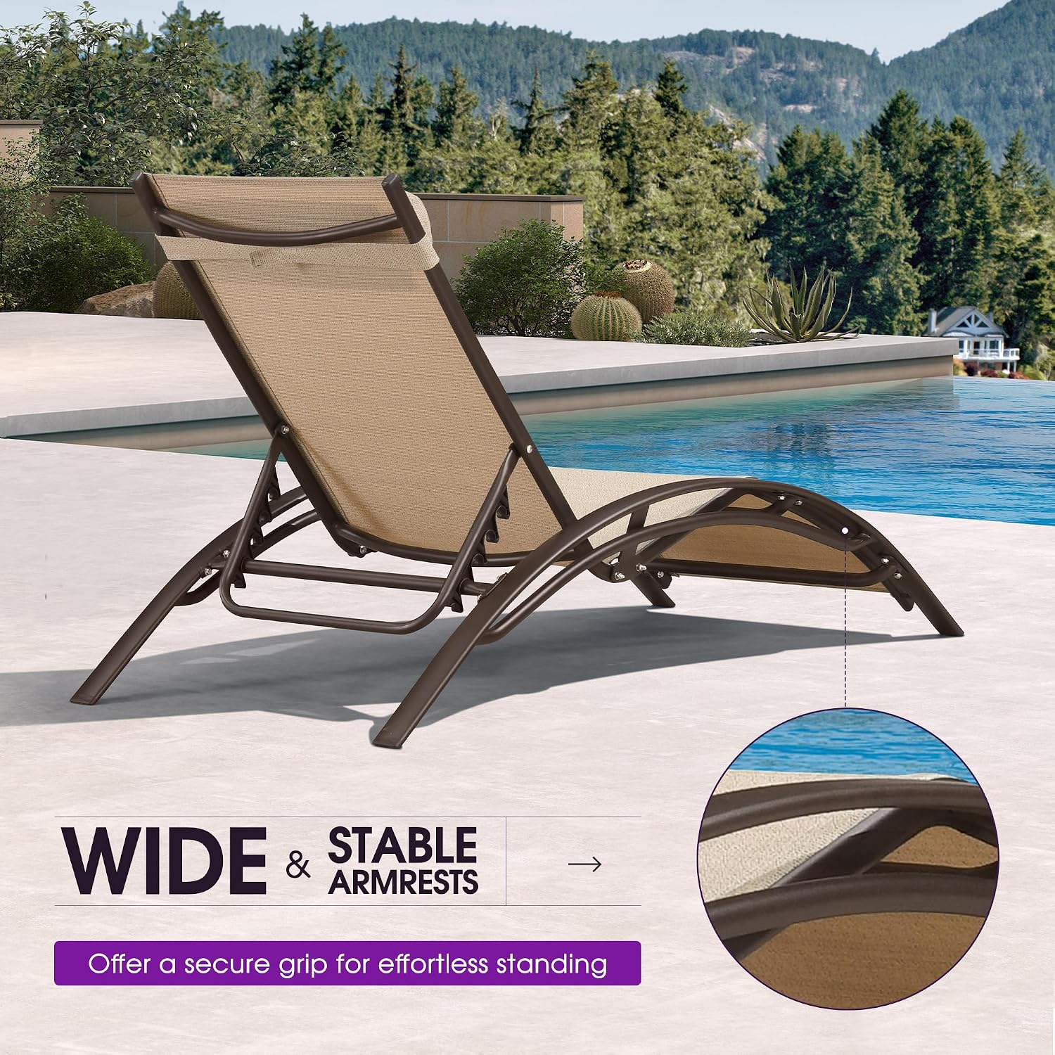 PURPLE LEAF Pool Chaise Lounge Set of 3 Bronze Aluminum Chair, Pebble Gray | 2 Chaise + 1 Table, UV Textilene Fades Less, S-Curve Backrest with Arm, 5 Recline Angles, Adjustable Headrest, Stackable