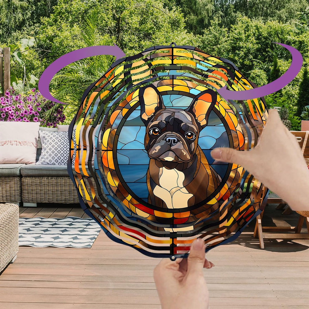 French Bulldog Wind Spinner Pet Dog Memorial Gifts 3D Aluminum Metal Kinetic Hanging Wind Sculpture Spinners for Yard and Garden Indoor Outdoor Window Garden Decoration 8 Inch (French Bulldog 2)