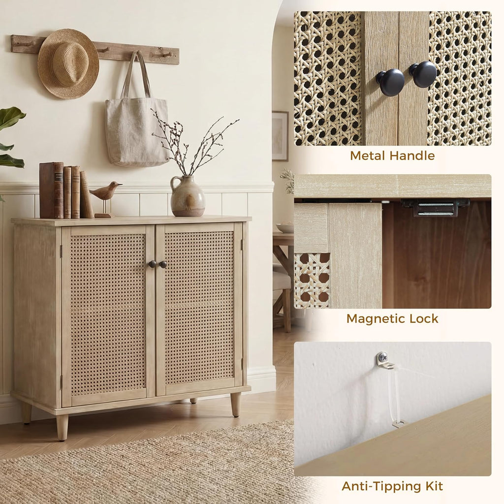 Fat Ant Buffet Cabinet with Storage, Rattan Sideboard Cabinet with 2 Magnetic Doors and Shelves, Kitchen Sideboard Accent Cabinet for Hallway, Entryway, Living Room, Kitchen, Natural