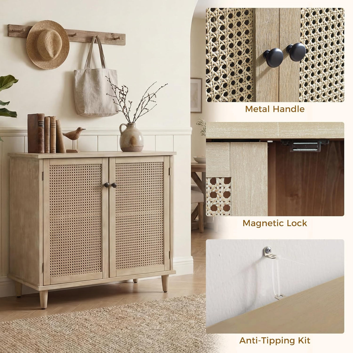 Fat Ant Buffet Cabinet with Storage, Rattan Sideboard Cabinet with 2 Magnetic Doors and Shelves, Kitchen Sideboard Accent Cabinet for Hallway, Entryway, Living Room, Kitchen, Natural