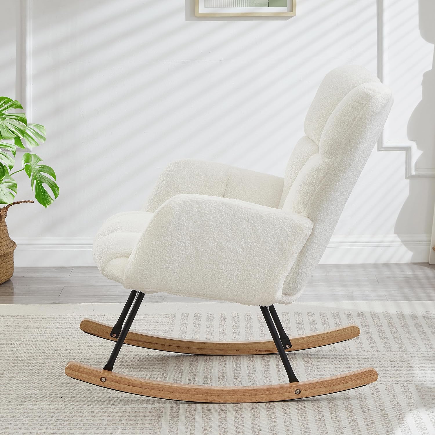 37.2" H Glider Rocking Chair Upholstered with Teddy Fabric, Indoor Rocking Chair with Armrests & Metal Frame (Ivory)