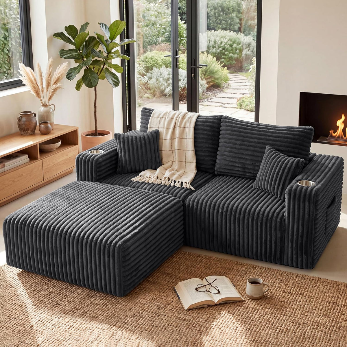 33.5'' Plush Fluffy Corduroy Ottoman for Floor Couch in a Box, Modern Compressed Sofa, Small Comfy Square Couch for Living Room, Bedroom, Grey, (Ottoman)
