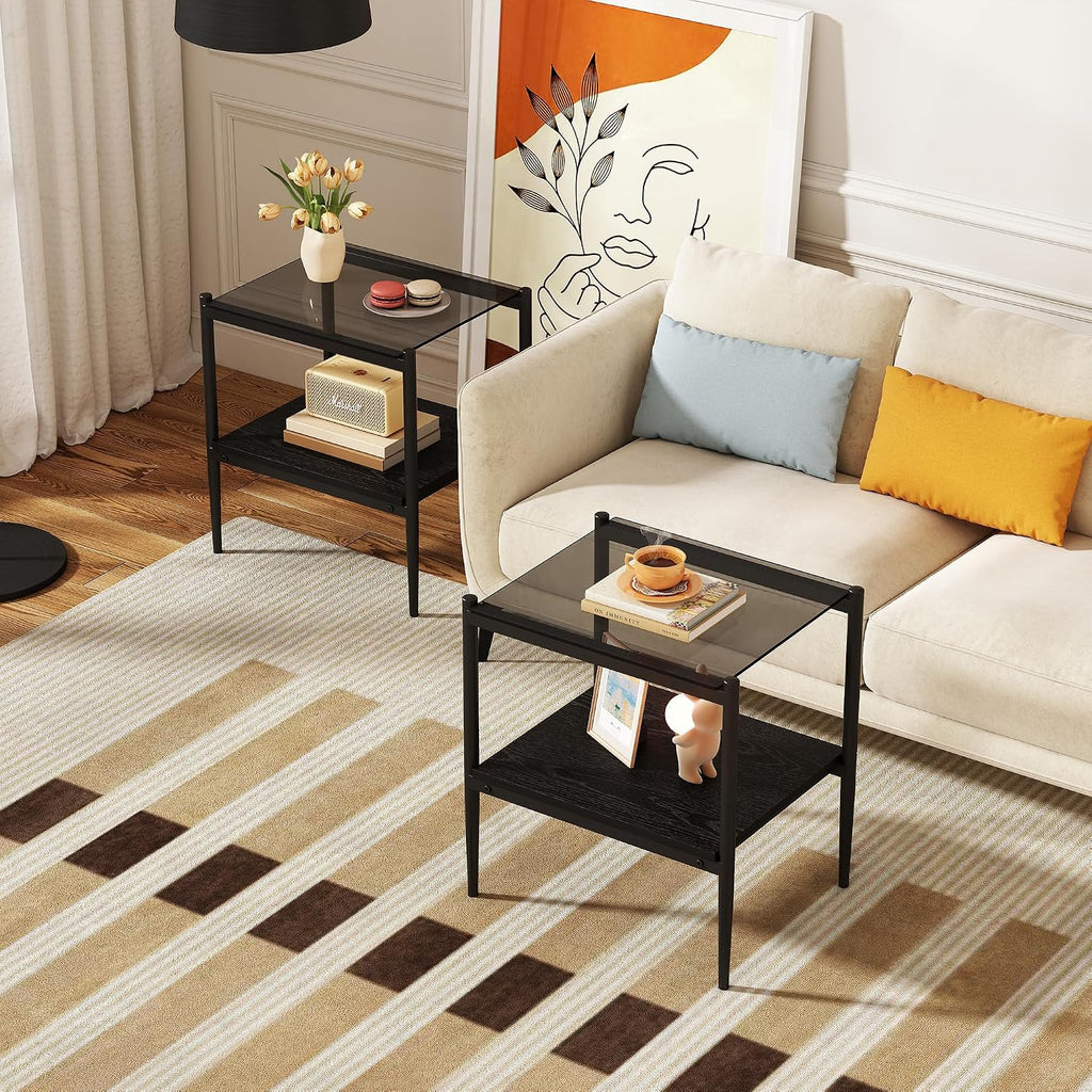 Modern Glass End Table, Tempered Glass Top, Sofa Side Table with MDF Storage Shelf and Metal Legs, Perfect for Living Rooms, Bedrooms, and Small Spaces (Gray Glass+Black)
