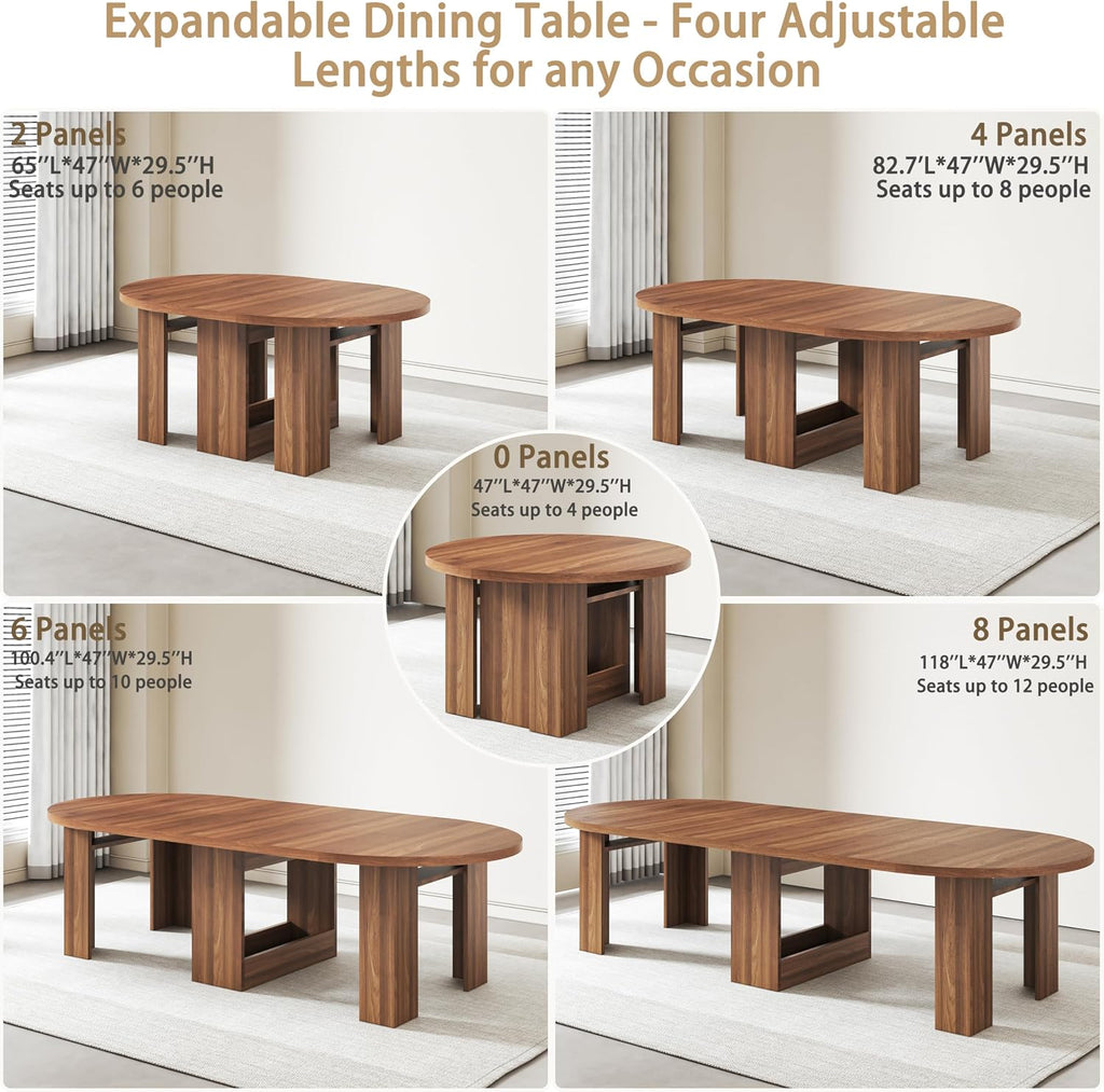 47-118 Inch Round Extendable Dining Table for 4-12, Kitchen Table with Wood Strip Base, Modern Oval Dining Room Table for Kitchen Living Room, Walnut
