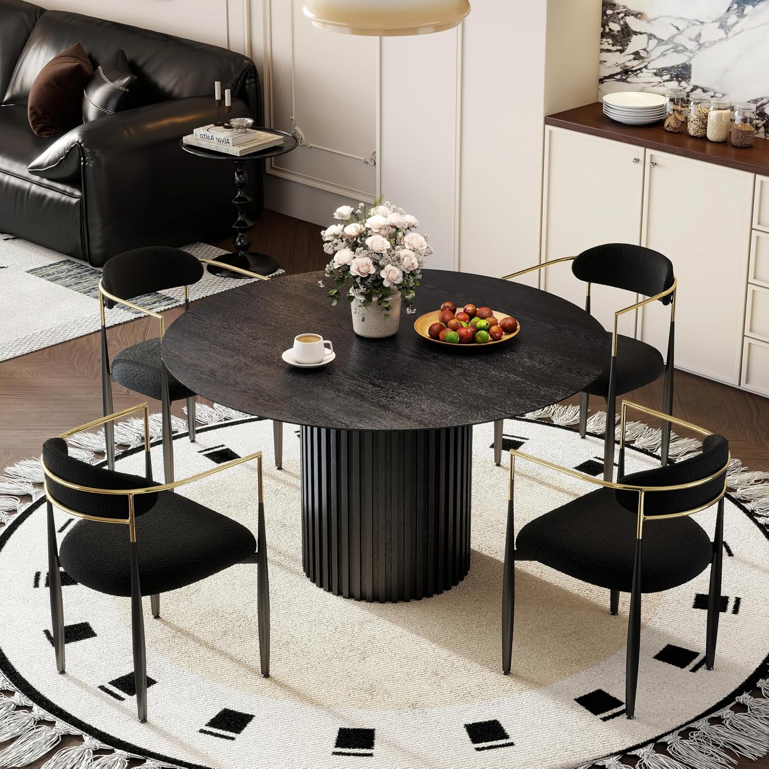 Baysitone Dining Chairs Set of 4 Mid-Century Modern Upholstered Boucle Dining Room Chairs Open Back Curved Backrest Black Metal Legs Gold Armchairs for Kitchen Living Room, Black(Only Chairs)