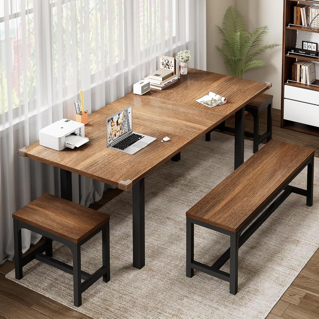 Feonase 5-Piece Dining Table Set for 4-8 People, 63" Extendable Kitchen Table with 2 Benches and 2 Square Stools, Mid-Century Modern Wooden Dining Room Table, Space-Saving, Walnut