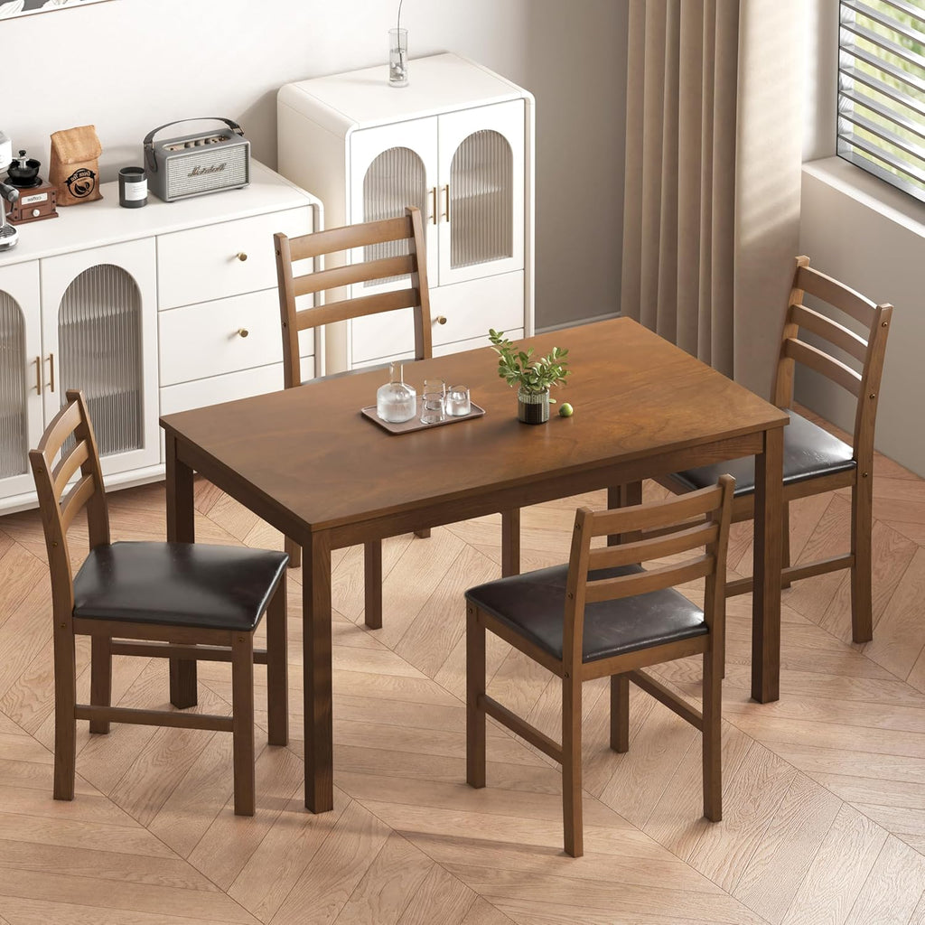 WiberWi Dining Table Set for 4, Solid Wood Kitchen Table and Chairs Set of 4, 43.3” Space-Saving Mid Century Modern Dining Room Table with Upholstered Chairs, Walnut