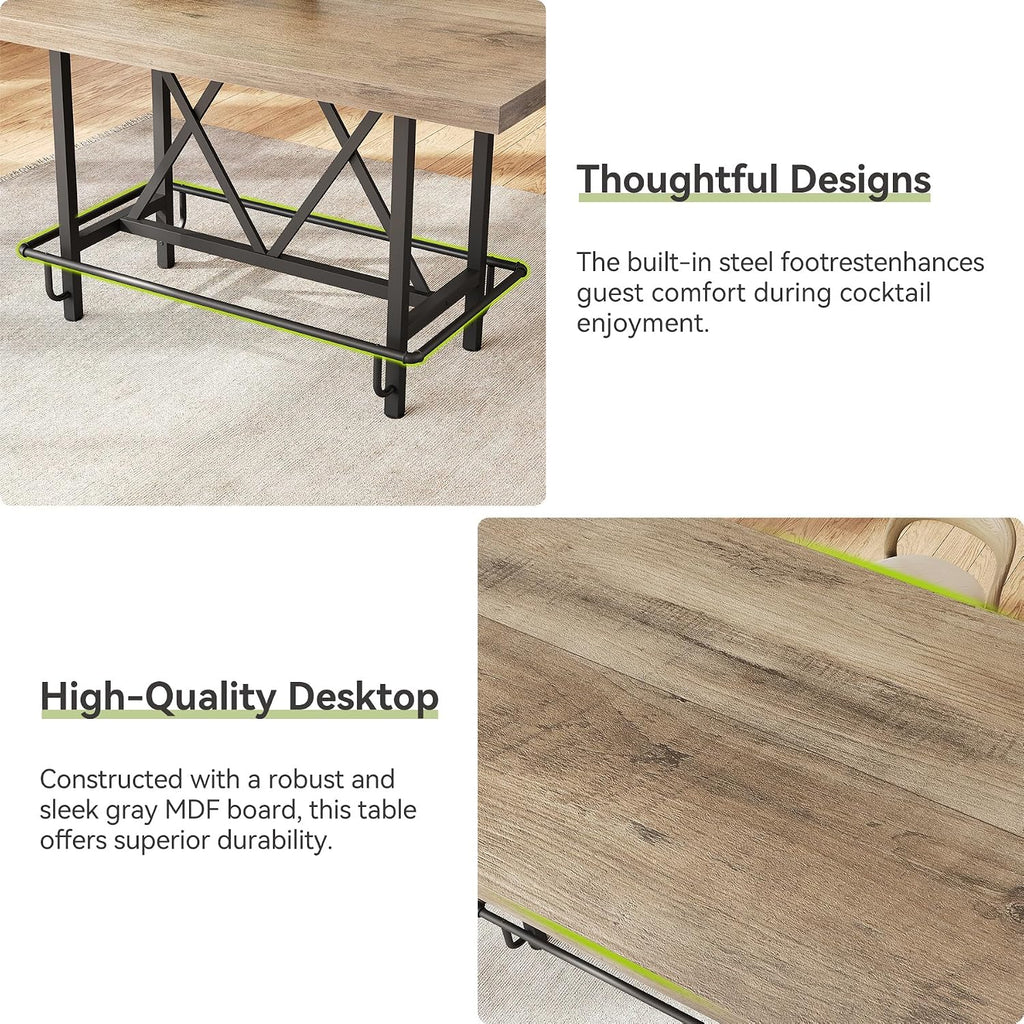 LITTLE TREE 63-Inch Industrial Bar Table with Metal Footrest, Counter Height Pub Table for Kitchen, Home Bar & Entertaining (Rustic Gray)