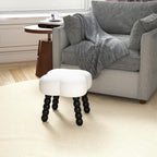 White Ottoman, Small Footrest, Clover-White | Storage Space, Unique Shaped, Wood Legs, Faux Teddy Fur