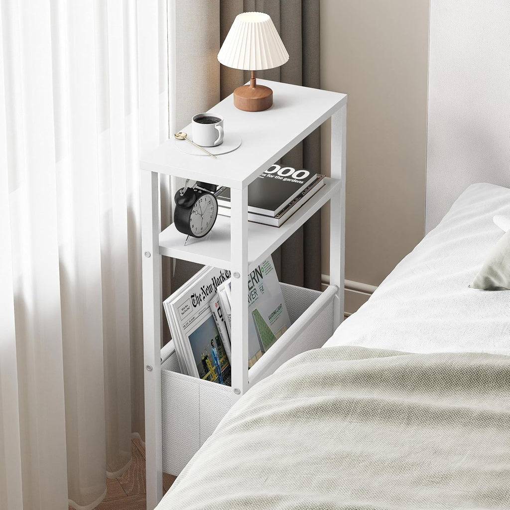 Narrow Side Table, Slim End Table with Magazine Rack, Skinny Bedside Table for Small Spaces, 3 Tier Sofa Couch Table Nightstand for Living Room, Bedroom, White LET503W