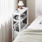 Narrow Side Table, Slim End Table with Magazine Rack, Skinny Bedside Table for Small Spaces, 3 Tier Sofa Couch Table Nightstand for Living Room, Bedroom, White LET503W
