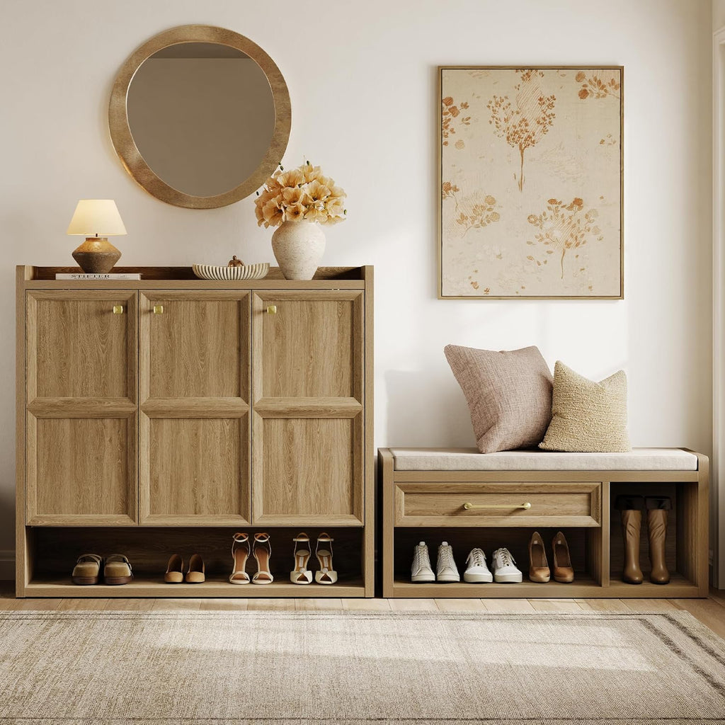 SICOTAS Shoe Bench with Storage, 43.3" Extra Wide Farmhouse Entryway Bench with Cushion, Drawer & Tall Boot Shelf, 18.9" Comfort Height Seat, Large Storage Bench for Bedroom Hallway Mudroom,Brown Oak