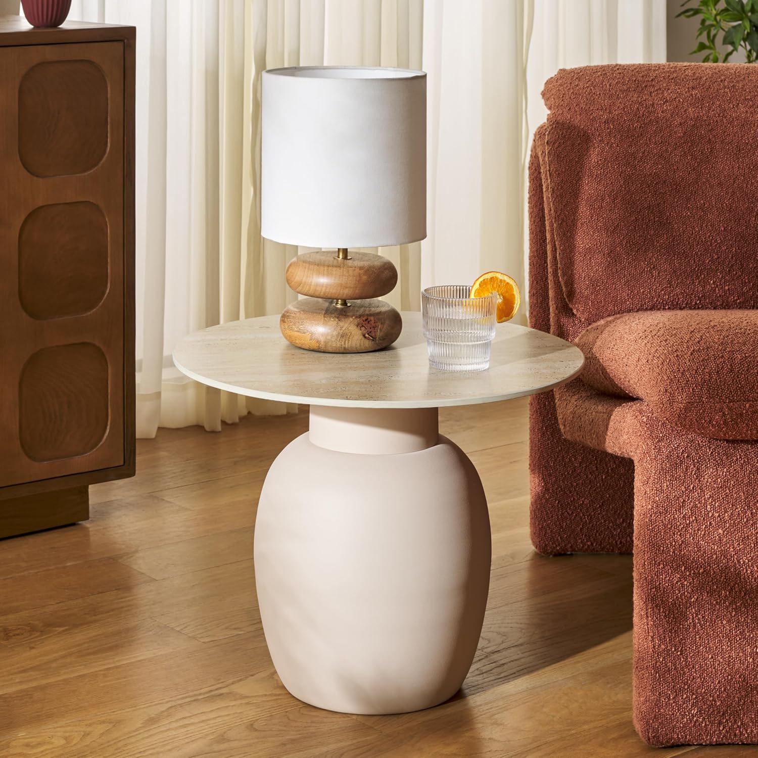 SAFAVIEH Home Collection - Kielh Short Side Table, Beige Ceramic Round Accent Table with Sculptural Base, Fully Assembled (ACC2903A)