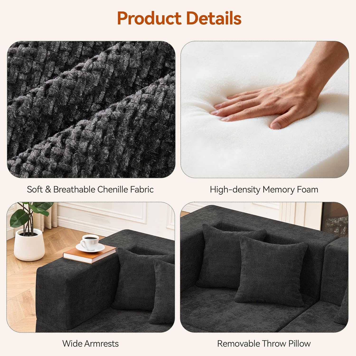 MONVANE 130'' Modular Sectional Cloud Couch for Living Room, 6 Seater Convertible Chenille Couches Set with Ottoman & Pillow, No Assembly Compression Sofas, Comfy Floor Sofa with Memory Foam, Black