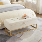 46" End of Bed Bench, Storage Bench with Metal Base Holds up to 500 lbs, Button Tufting Design Velvet Upholstered Bedroom Bench for End of Bed, Livingroom, Entryway, Window, Beige
