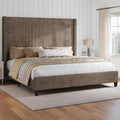 HOWE Upholstered King Size Bed Frame with 61" Wingback Headboard, Chestnut