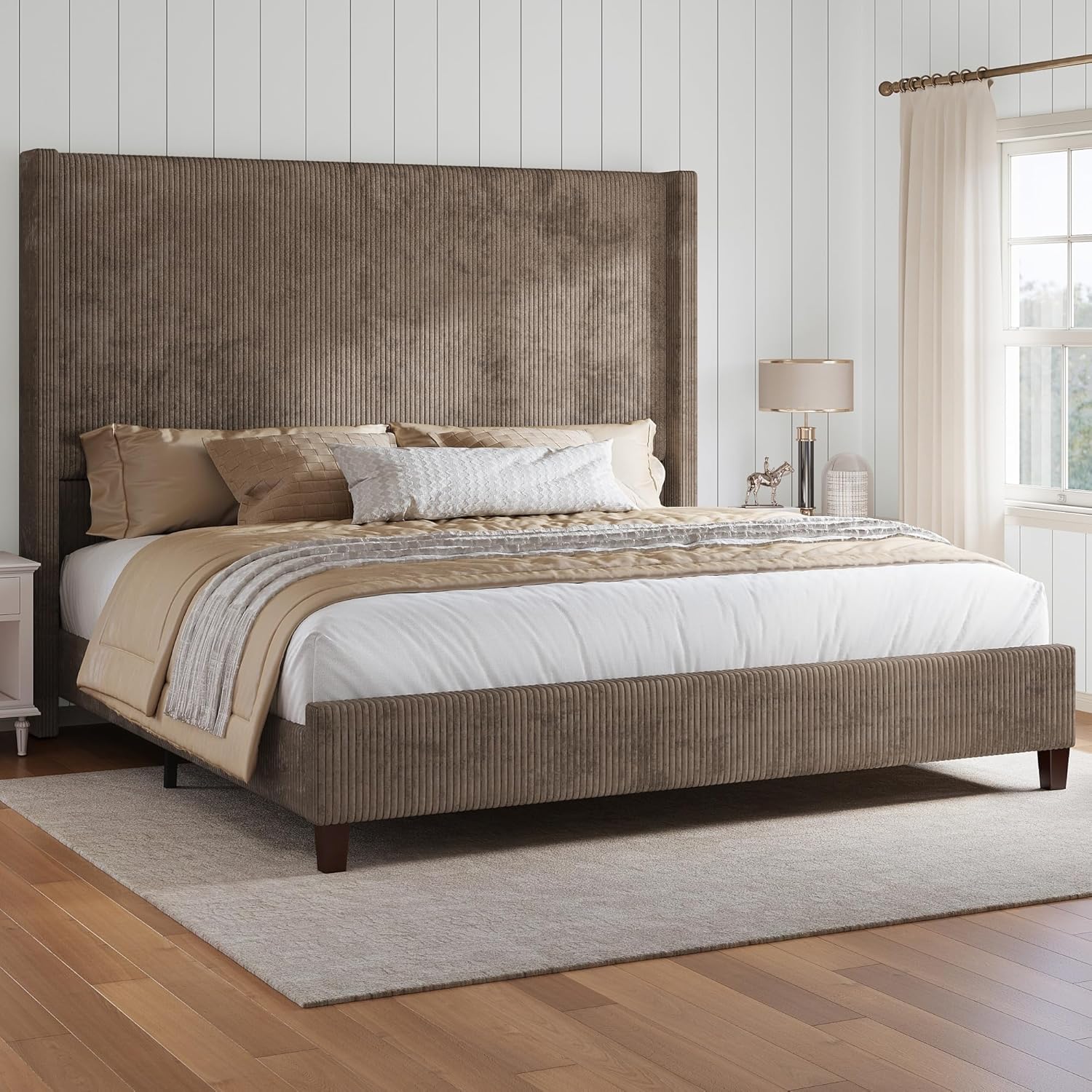 HOWE Upholstered King Size Bed Frame with 61" Wingback Headboard, Chestnut