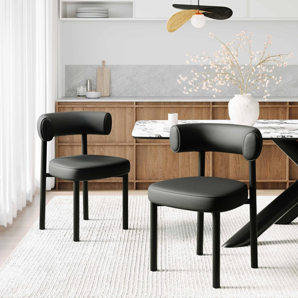Dining Chairs Set of 4, Mid-Century Dining Room Chair, Carbon Steel Legs, Upholstered Seat, Textured Leather, Ergonomic Curved Backrest, Modern for Kitchen, Restaurant (Black-4)