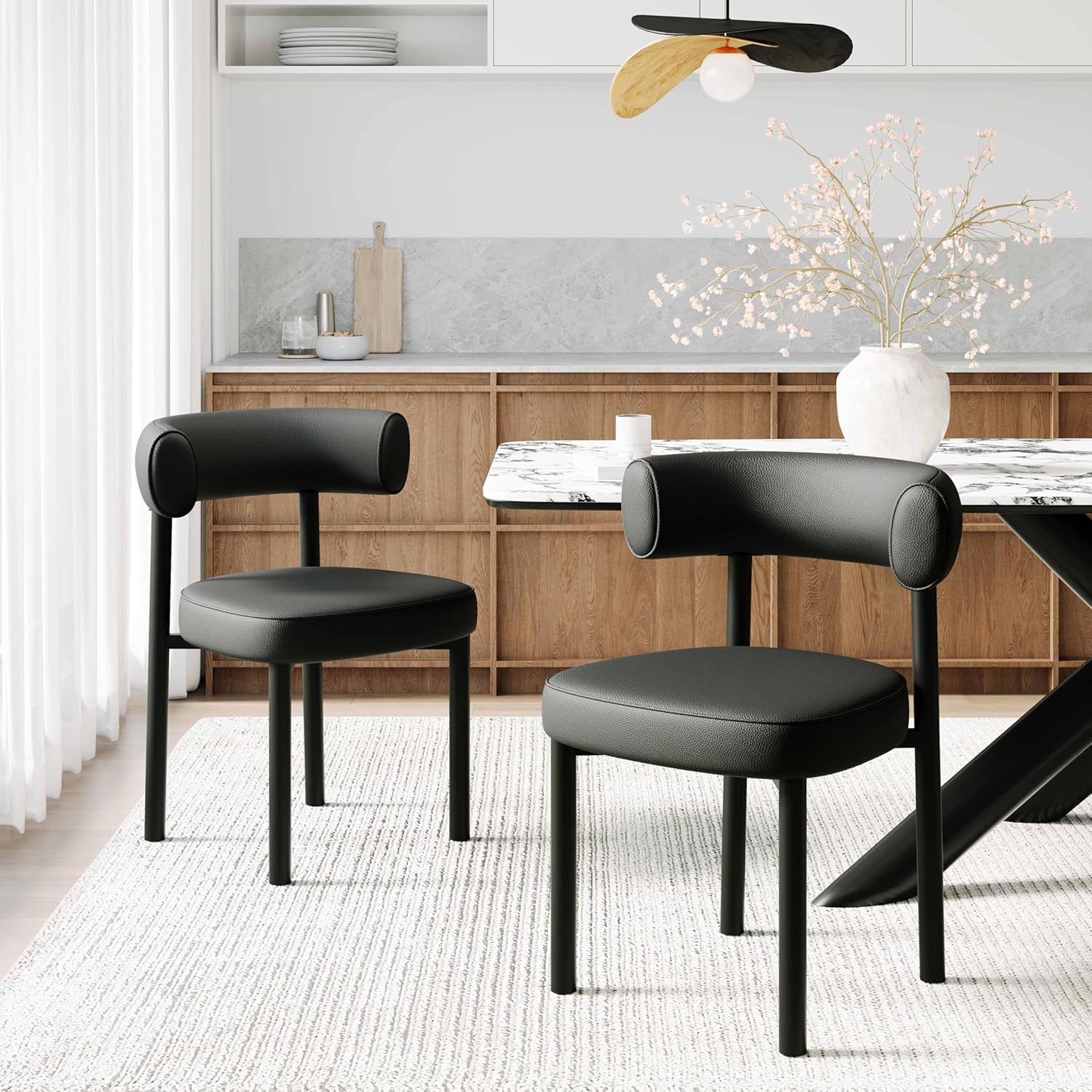Dining Chairs Set of 4, Mid-Century Dining Room Chair, Carbon Steel Legs, Upholstered Seat, Textured Leather, Ergonomic Curved Backrest, Modern for Kitchen, Restaurant (Black-4)