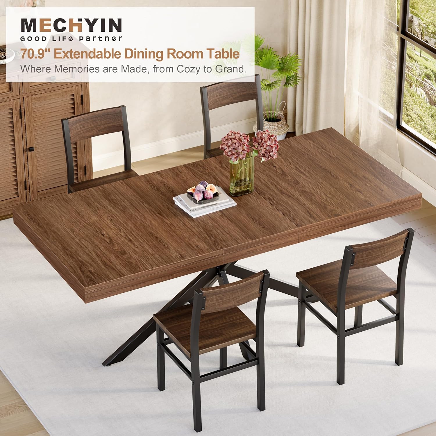 MECHYIN Extendable Dining Room Table for 4 6 8, 55"-70.9" Large Rectangle Kitchen Table,Wood Expandable Dining Table with Hidden Leaf & Storage, Space Saving, for Kitchen Dining Living Room, Walnut