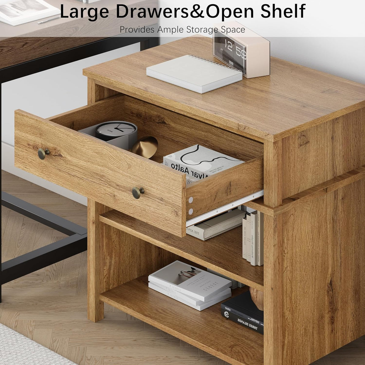 End Table with Drawer and 2 Tier Shelves, Wood Sofa Side Table for Living Room, Modern Nightstand Bedside Table for Bedroom, Small Console Table for Entryway, Hallway, Natural